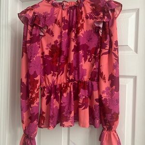 SHEIN Pink & Magenta Floral Ruffle Peplum Blouse